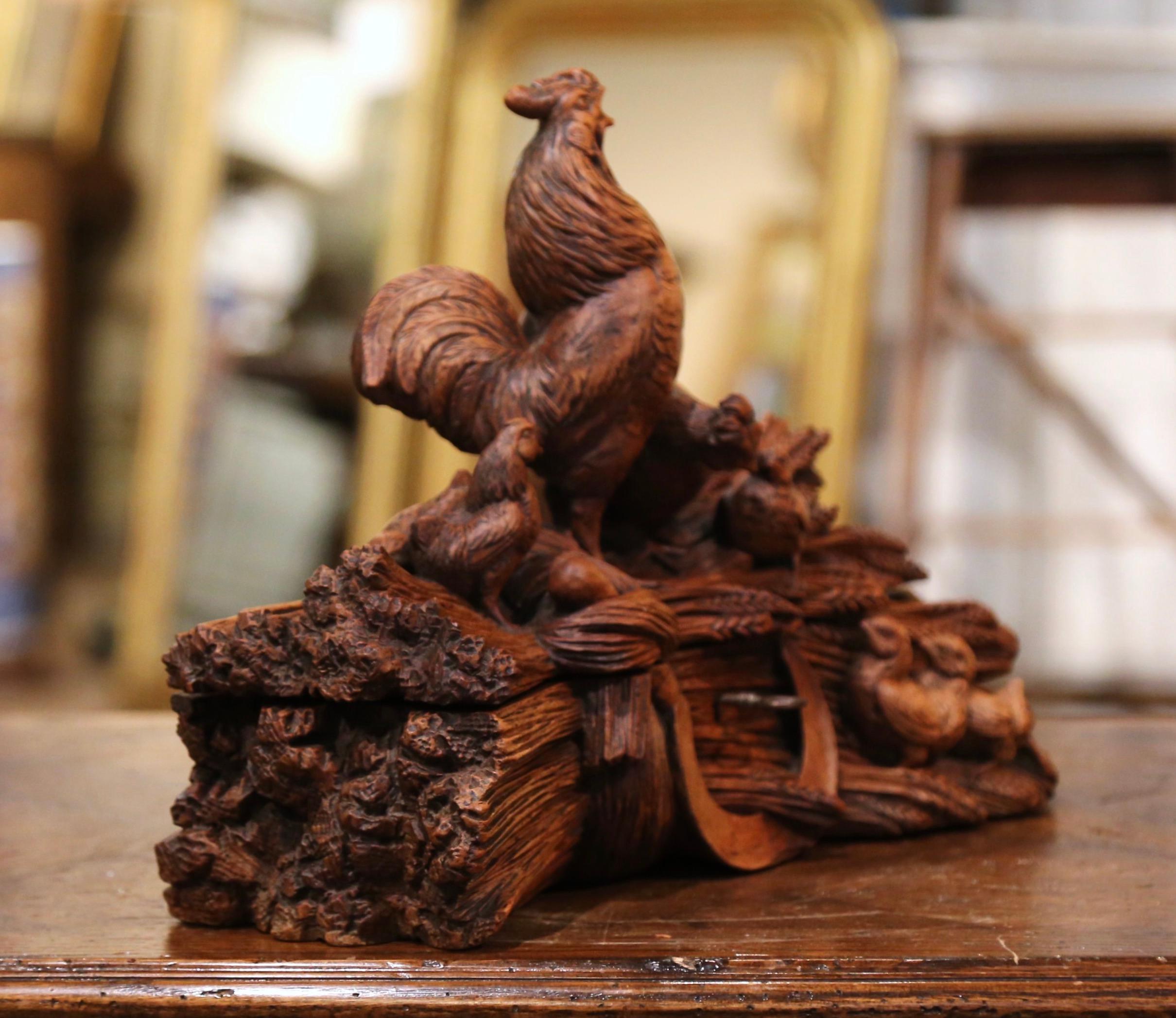 19th Century French Black Forest Carved Walnut Jewelry Box with Rooster Family 4