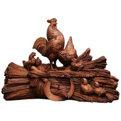 19th Century French Black Forest Carved Walnut Jewelry Box with Rooster Family