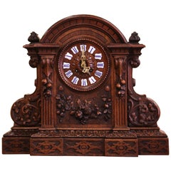 19th Century French Black Forest Carved Walnut Mantel Clock