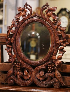 19th Century French Black Forest Carved Walnut Mirror with Bird and Grape Decor