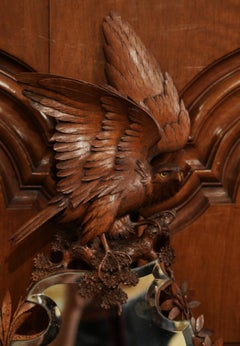 19th Century French Black Forest Carved Walnut Mirror with Eagle Sculpture
