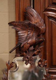 19th Century French Black Forest Carved Walnut Mirror with Eagle Sculpture