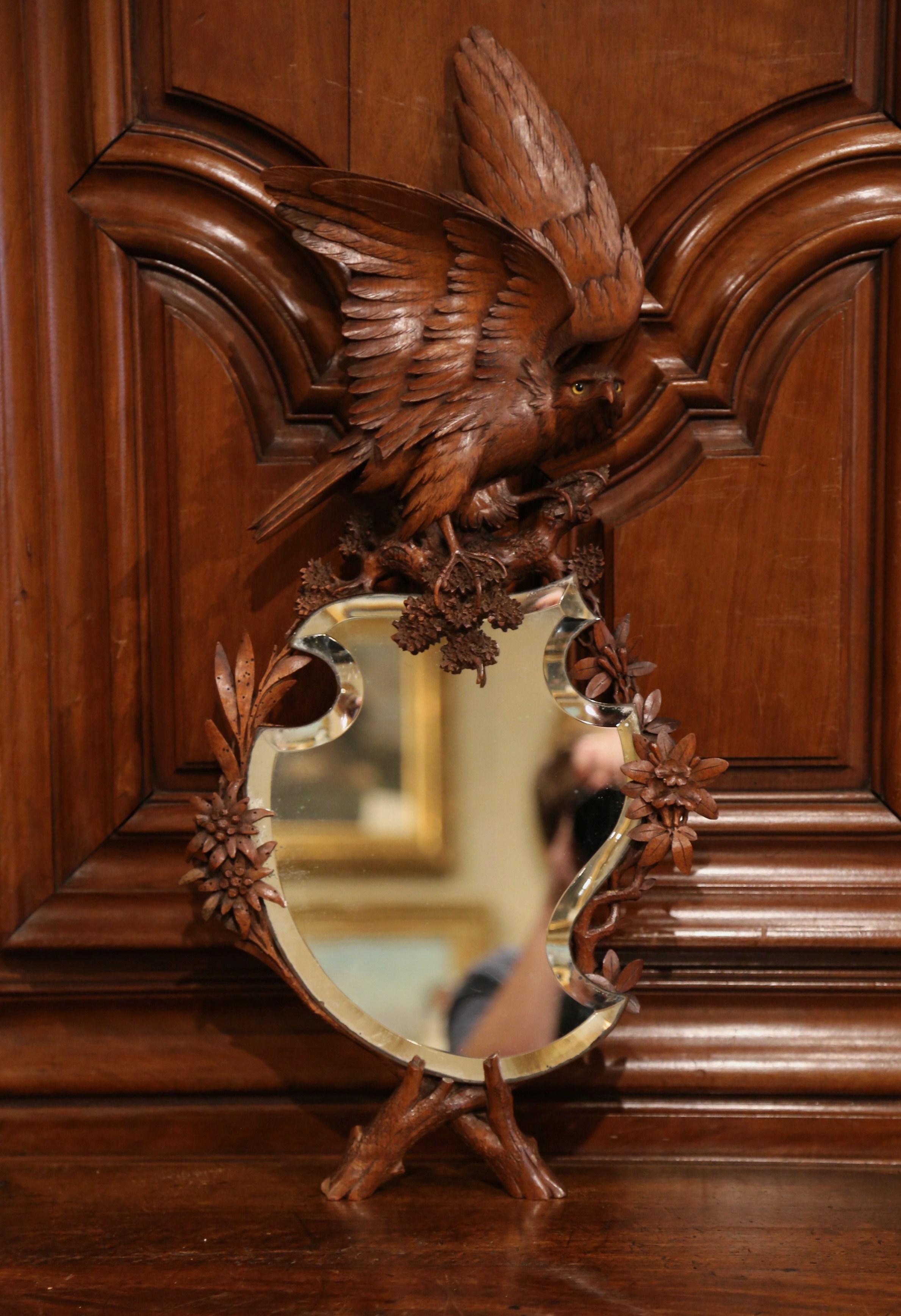 Mercury Glass 19th Century French Black Forest Carved Walnut Mirror with Eagle Sculpture