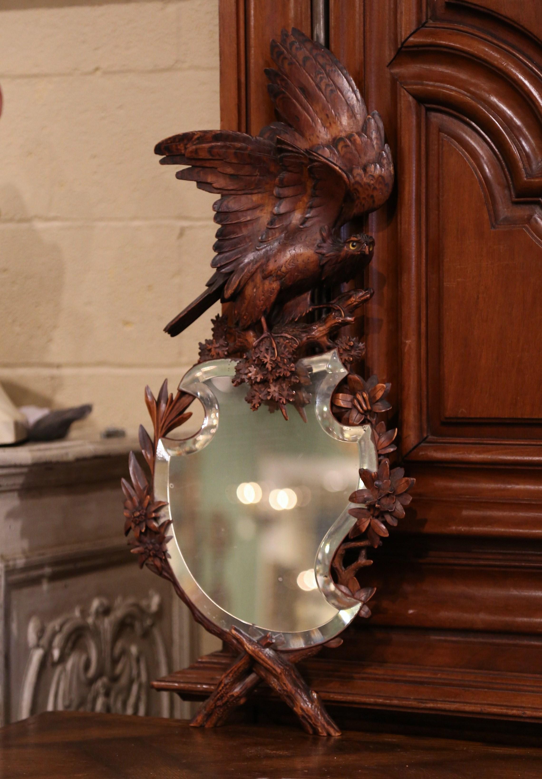 19th Century French Black Forest Carved Walnut Mirror with Eagle Sculpture 1