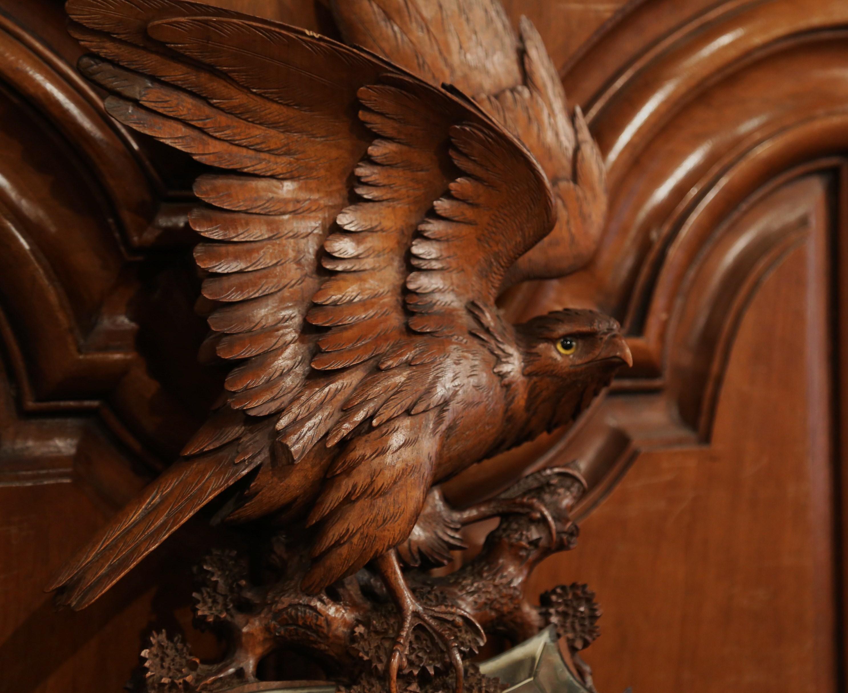 19th Century French Black Forest Carved Walnut Mirror with Eagle Sculpture 2