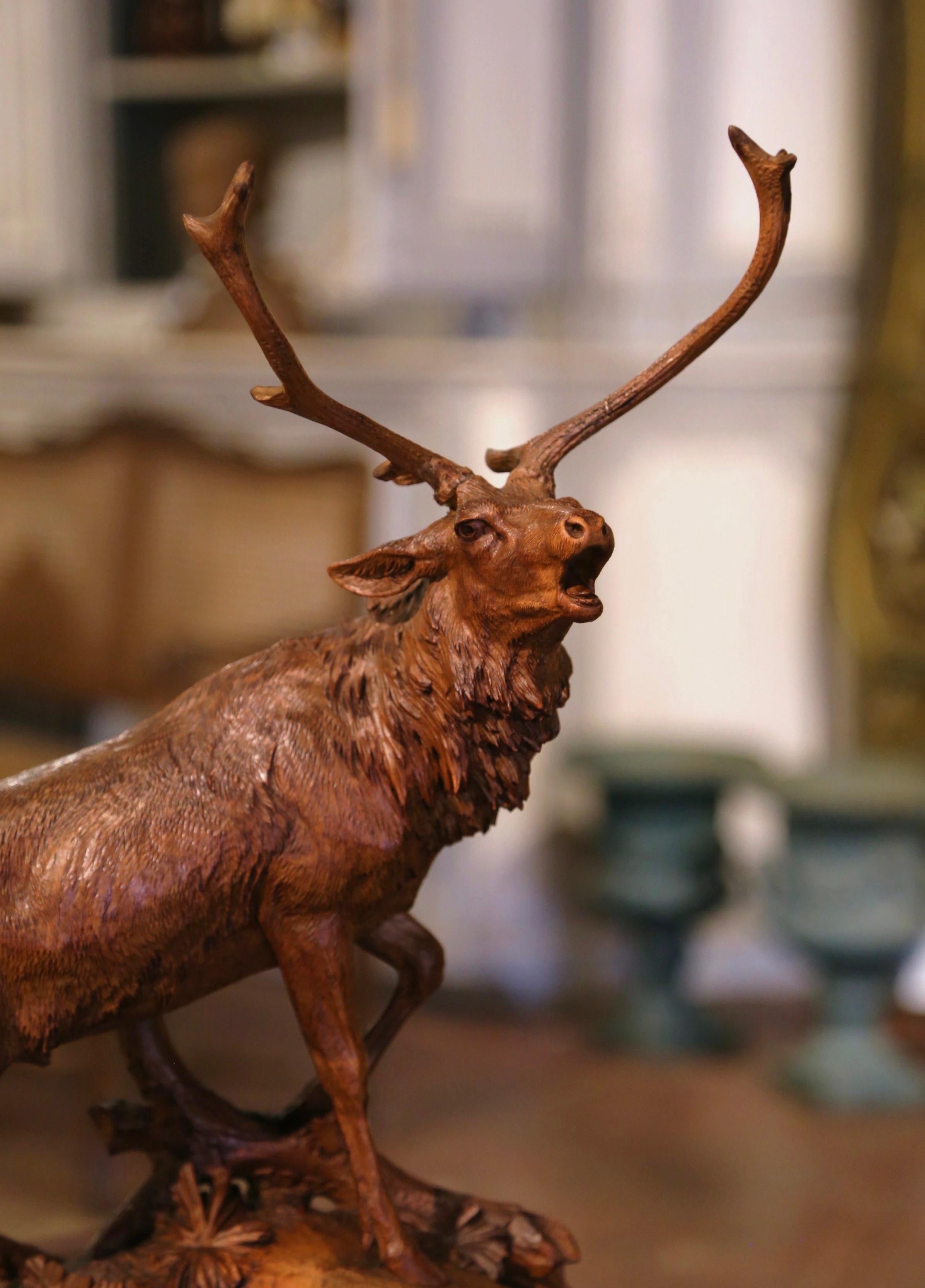 Hand-Carved 19th Century French Black Forest Carved Walnut Roaring Stag Sculpture