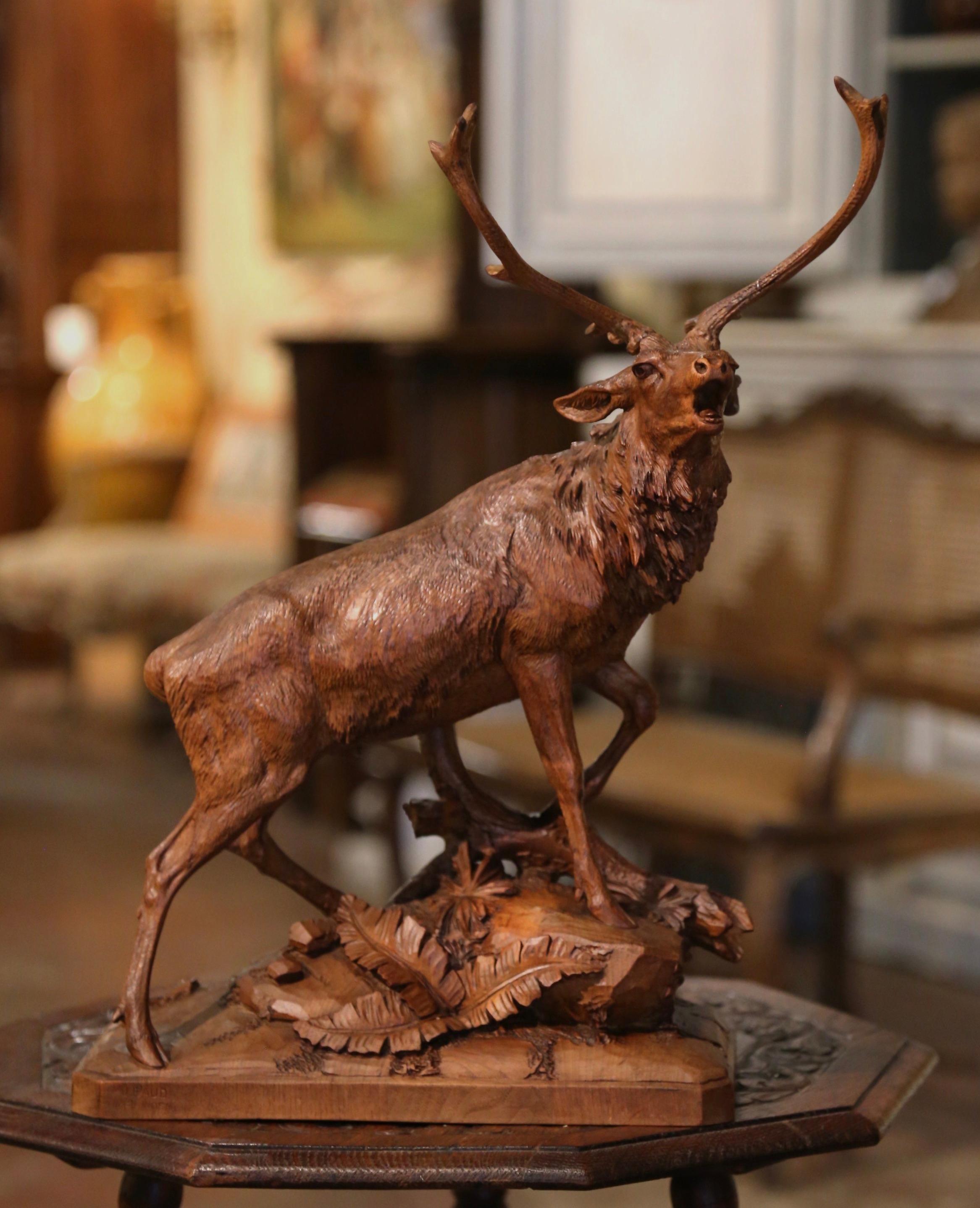 19th Century French Black Forest Carved Walnut Roaring Stag Sculpture 1
