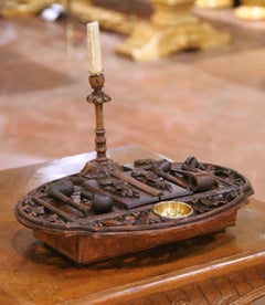 19th Century French Black Forest Carved Walnut Smoker’s Desk Set