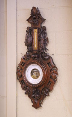 19th Century French Black Forest Carved Walnut Wall Barometer Thermometer