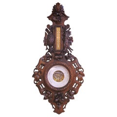 19th Century French Black Forest Carved Walnut Wall Barometer Thermometer