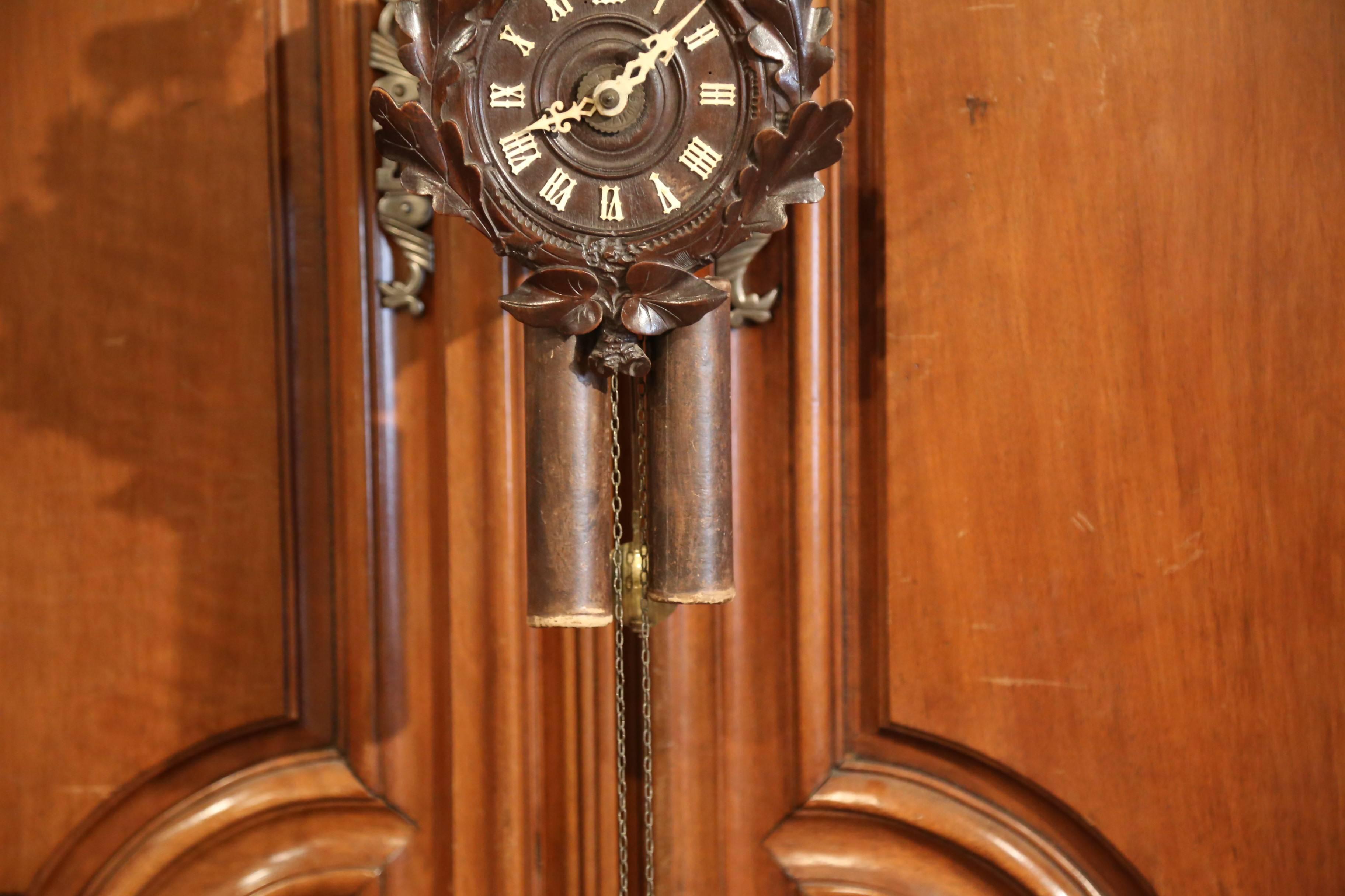 Patinated 19th Century French Black Forest Carved Walnut Wall Clock with Deer