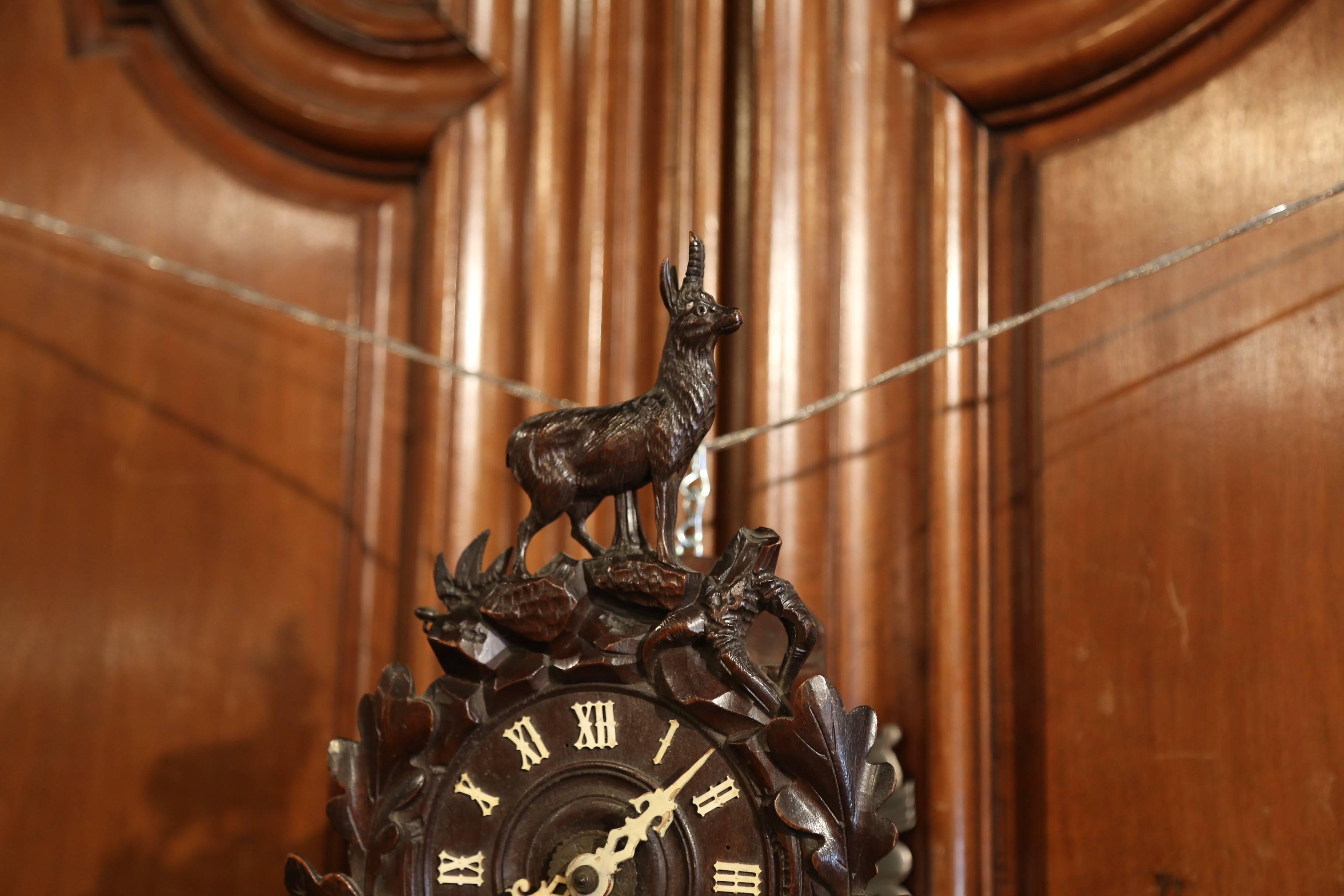 19th Century French Black Forest Carved Walnut Wall Clock with Deer 1