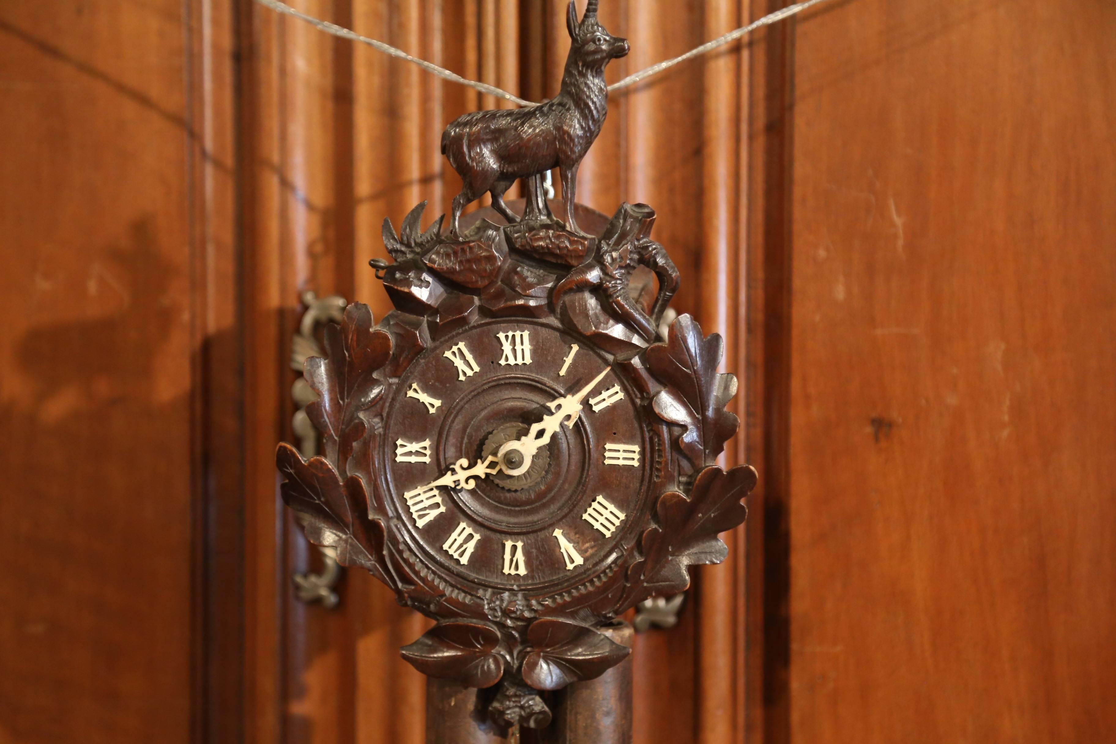 19th Century French Black Forest Carved Walnut Wall Clock with Deer 2