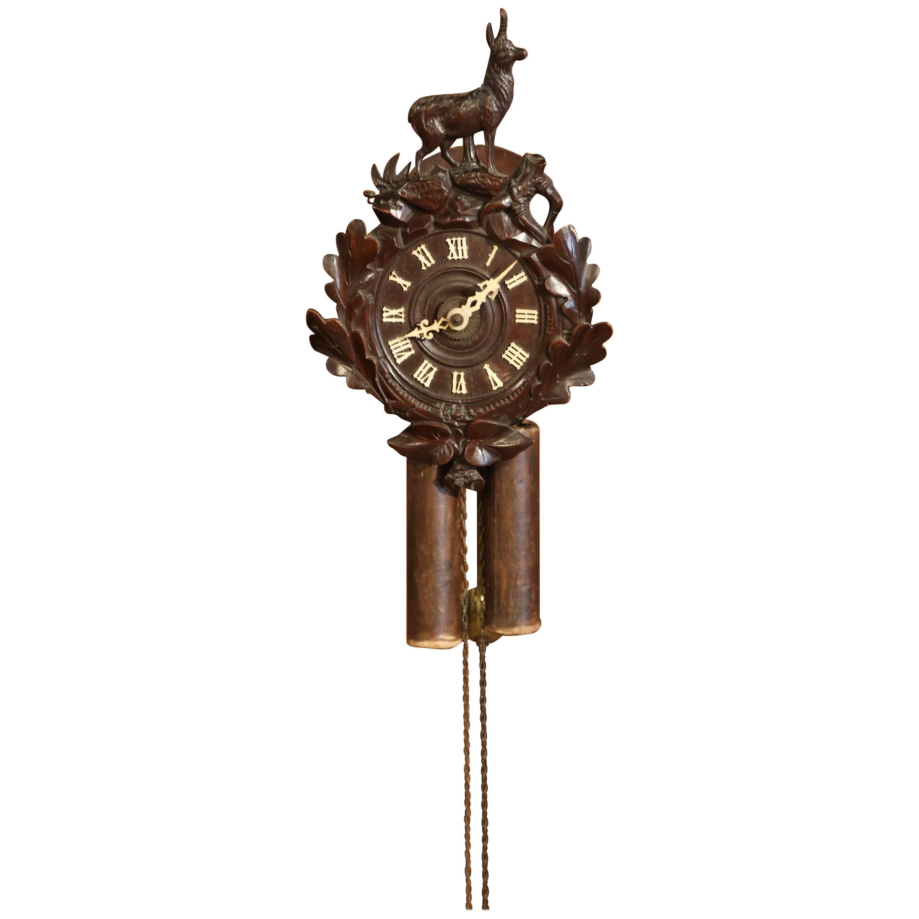 19th Century French Black Forest Carved Walnut Wall Clock with Deer