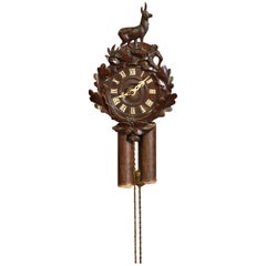 Antique 19th Century French Black Forest Carved Walnut Wall Clock with Deer