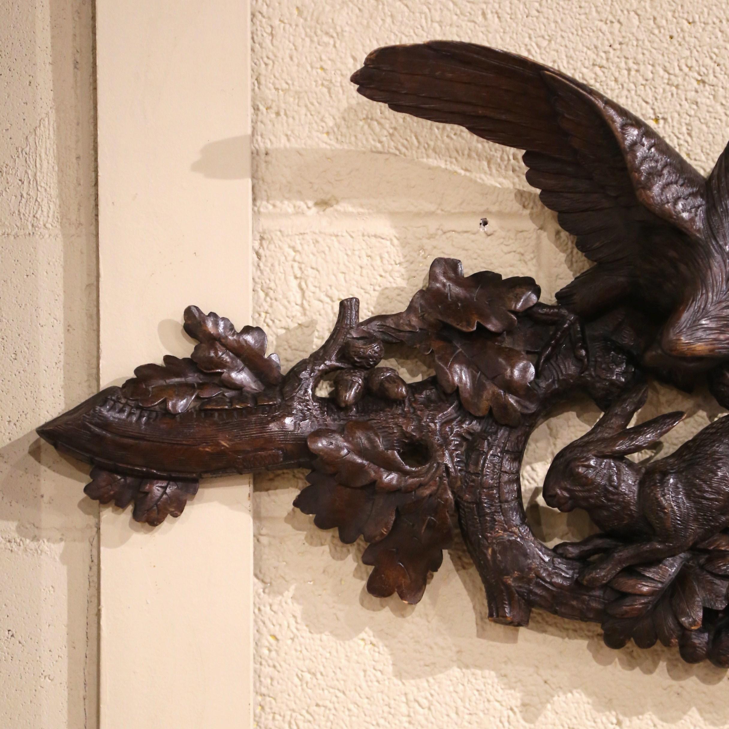 Hand-Carved 19th Century French Black Forest Carved Walnut Wall Decor with Eagle & Rabbit
