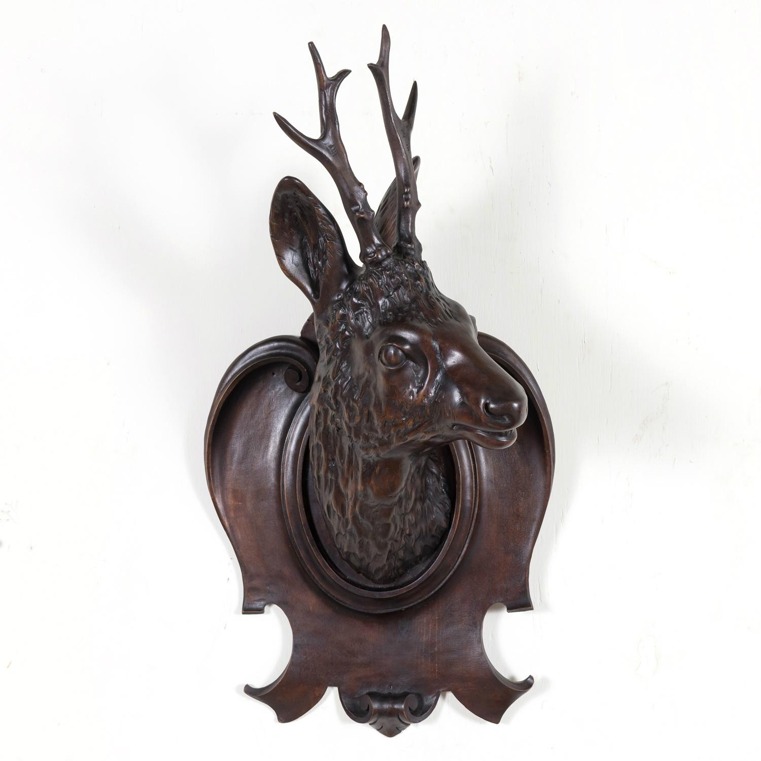 19th Century French Black Forest Hand Carved Wooden Buck Head Trophy Plaque 4