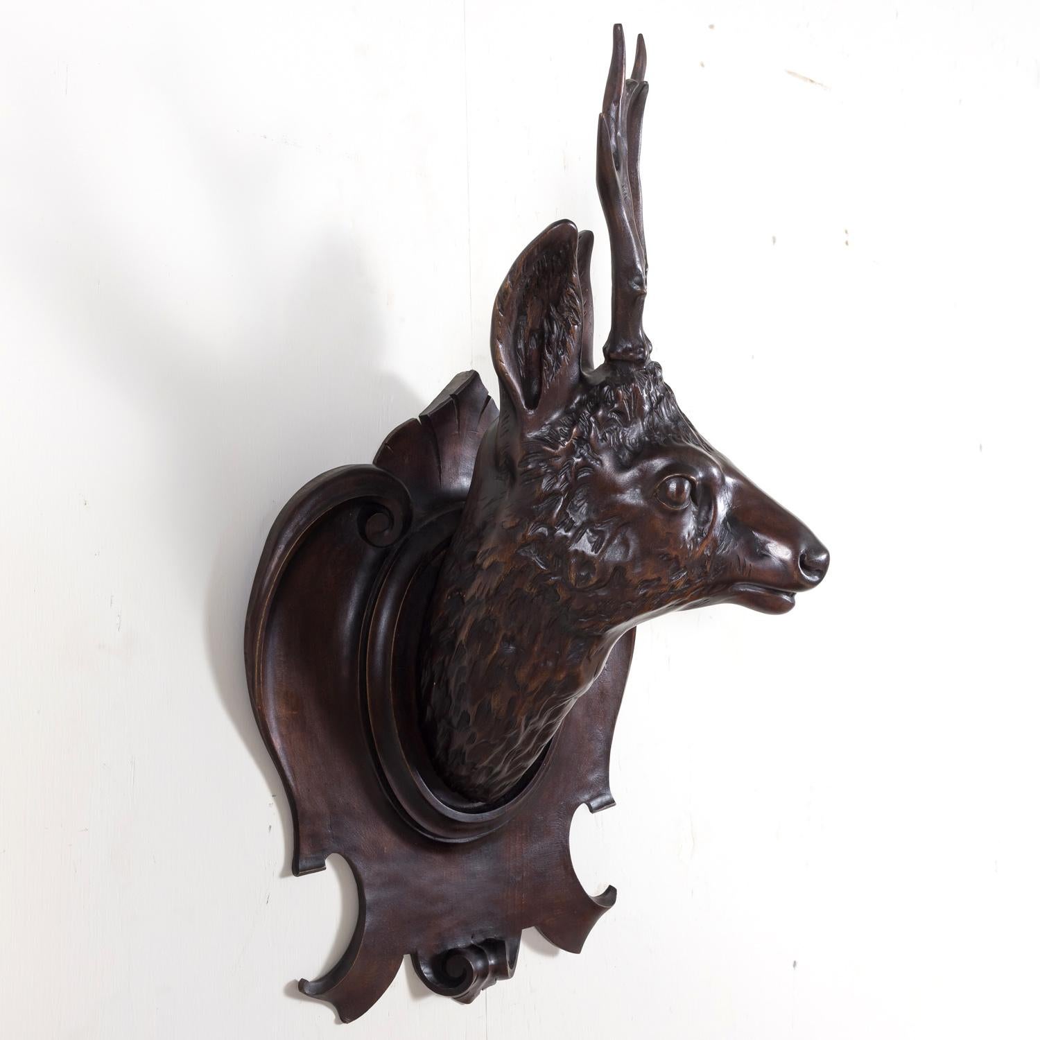 Hand-Carved 19th Century French Black Forest Hand Carved Wooden Buck Head Trophy Plaque