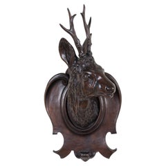 19th Century French Black Forest Hand Carved Wooden Buck Head Trophy Plaque
