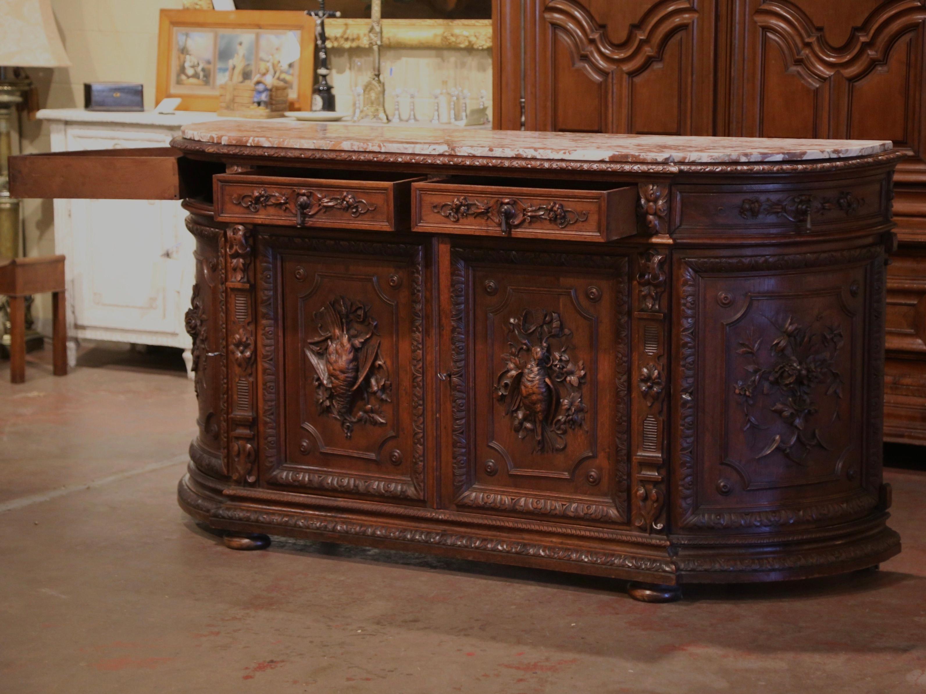 19th Century French Black Forest Marble Top Carved Oak Hunt Buffet Cabinet 7