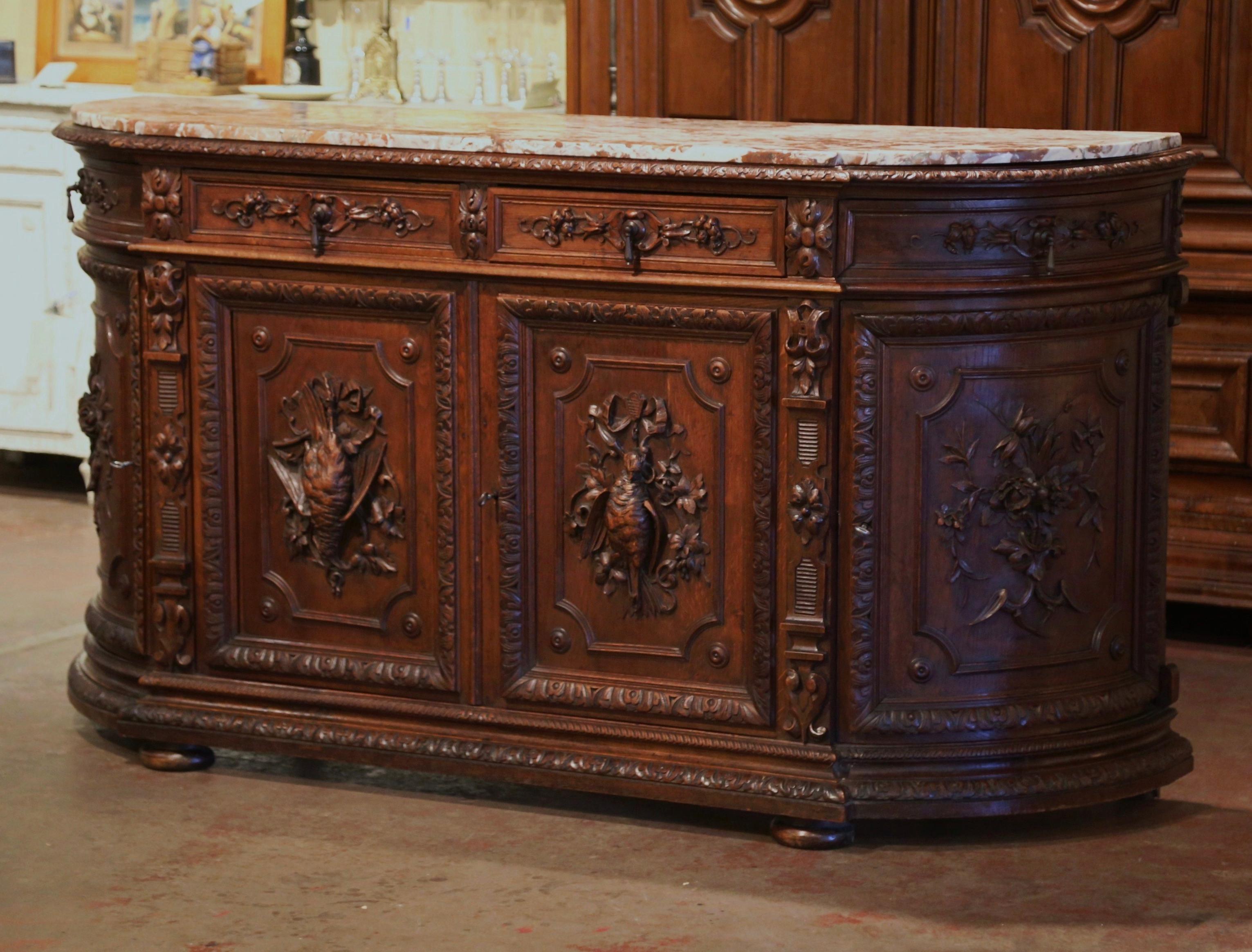 19th Century French Black Forest Marble Top Carved Oak Hunt Buffet Cabinet In Excellent Condition In Dallas, TX