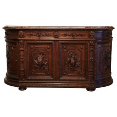 19th Century French Black Forest Marble Top Carved Oak Hunt Buffet Cabinet