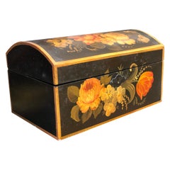 Antique 19th Century French Black Hand Painted Wooden Box Decorated with Flowers