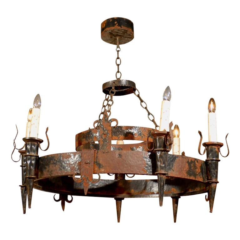 French 19th Century Rusted Iron Six-Light Chandelier with Fleur De Lys Motifs For Sale