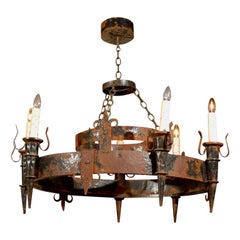 Antique French 19th Century Rusted Iron Six-Light Chandelier with Fleur De Lys Motifs