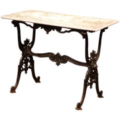 19th Century French Black Iron Bistrot Table with Original Weathered Marble Top