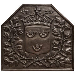 Antique 19th Century French Black Iron Fireback with Crown, Family Crest and Foliage