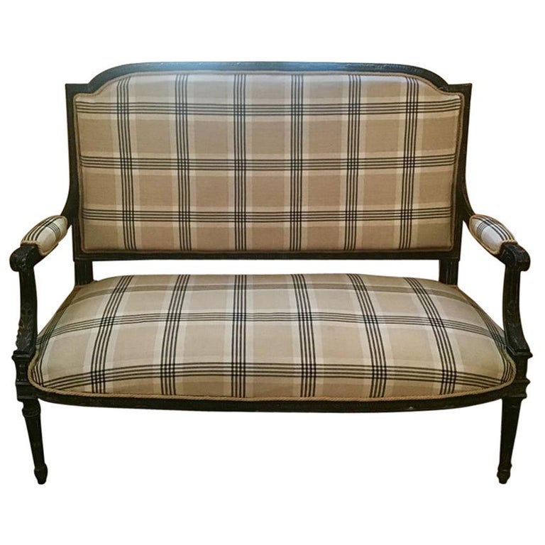 19th Century French Black Lacquered Carved Wood Reupholstered Sofa