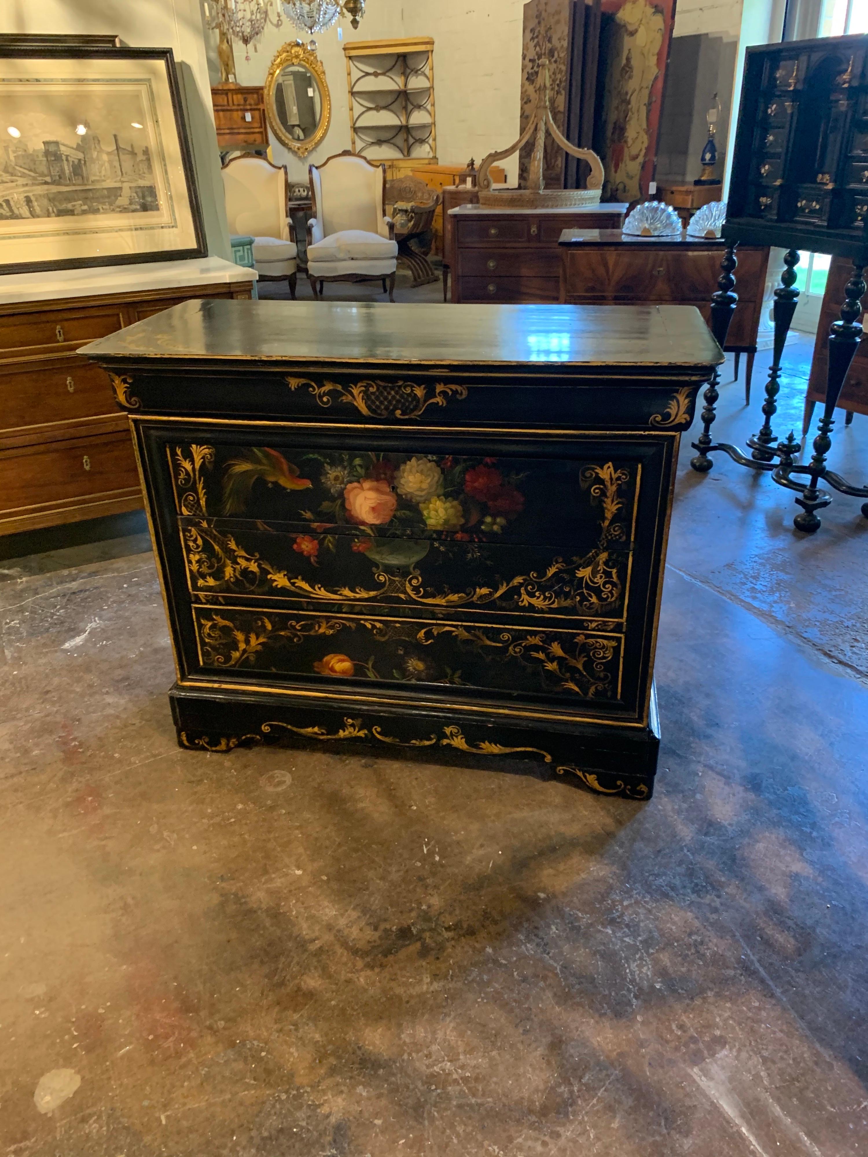 Beautiful 19th century French black lacquered Louis Philippe commode. Featuring a lovely hand painted design including flowers and birds. So pretty!