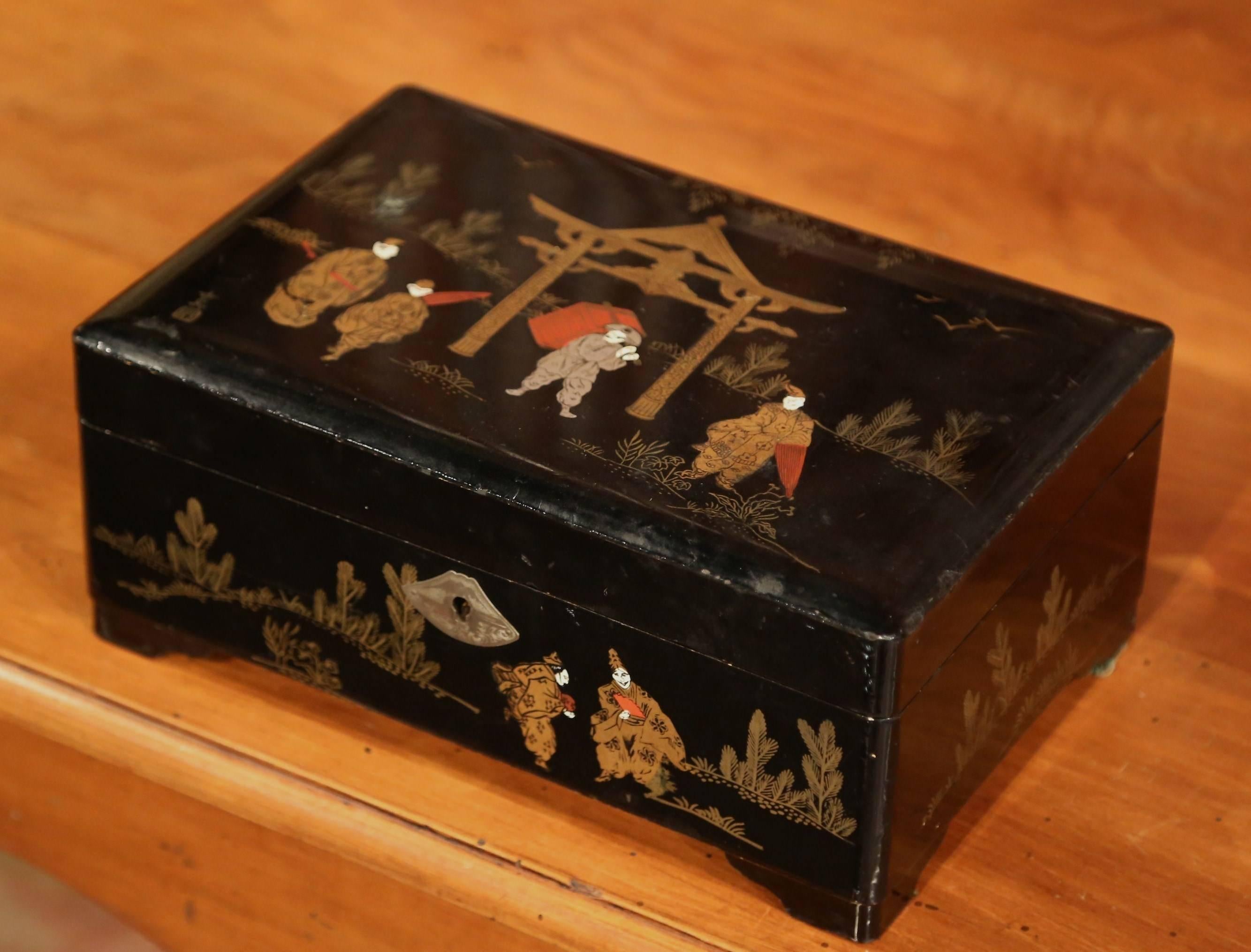 Hand-Crafted 19th Century French Black Lacquered Chinoiserie Make Up Music Box