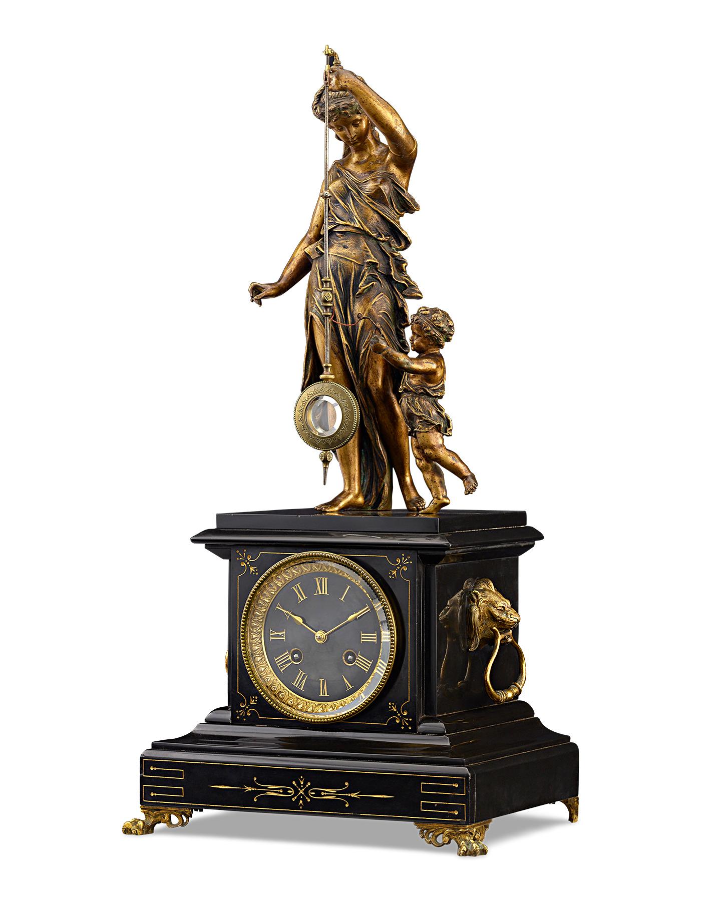 This rare and elegant 19th-century French mystery clock is crowned by a graceful Neoclassical bronze of Ceres, the Roman goddess of agriculture and motherhood. The maternal figure gracefully supports a pendulum terminating in a glass bob, while a