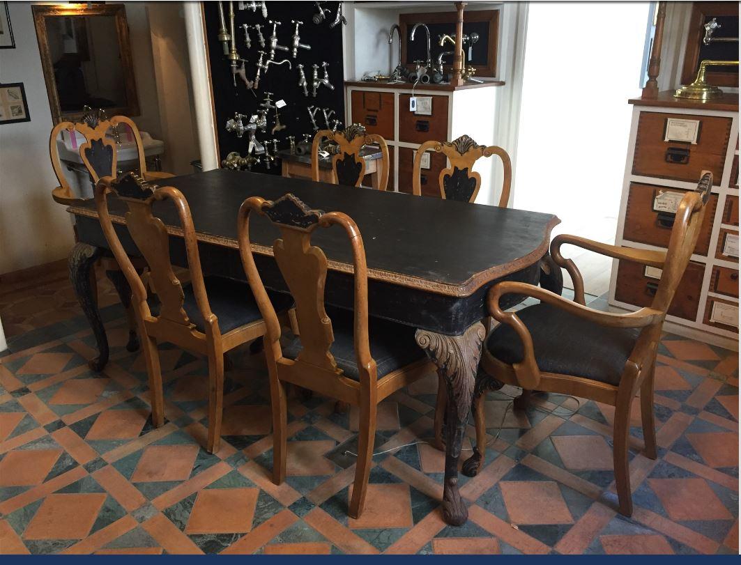 19th century French black painted dining room table with six walnut seats, 1890s.
Measurements:
- Table cm. 197 x 91 x H.78
- Chairs cm.53 x 57 x H.104-50
- Armchairs cm.63 x 57 x H.106-50.