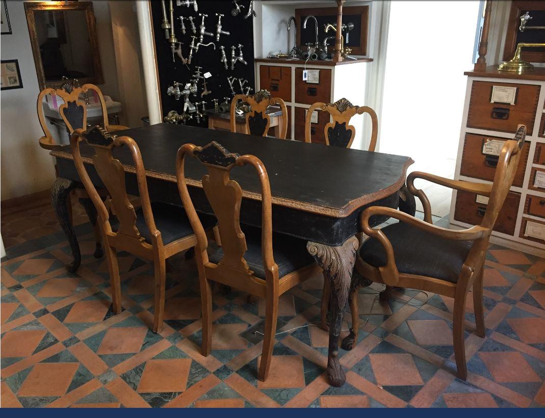 19th century french black painted dining room table with six walnut seats, 1890s
Measurements:
- Table cm. 197 x 91 x H.78
- Chairs cm.53 x 57 x H.104-50
- Armchairs cm.63 x 57 x H.106-50.