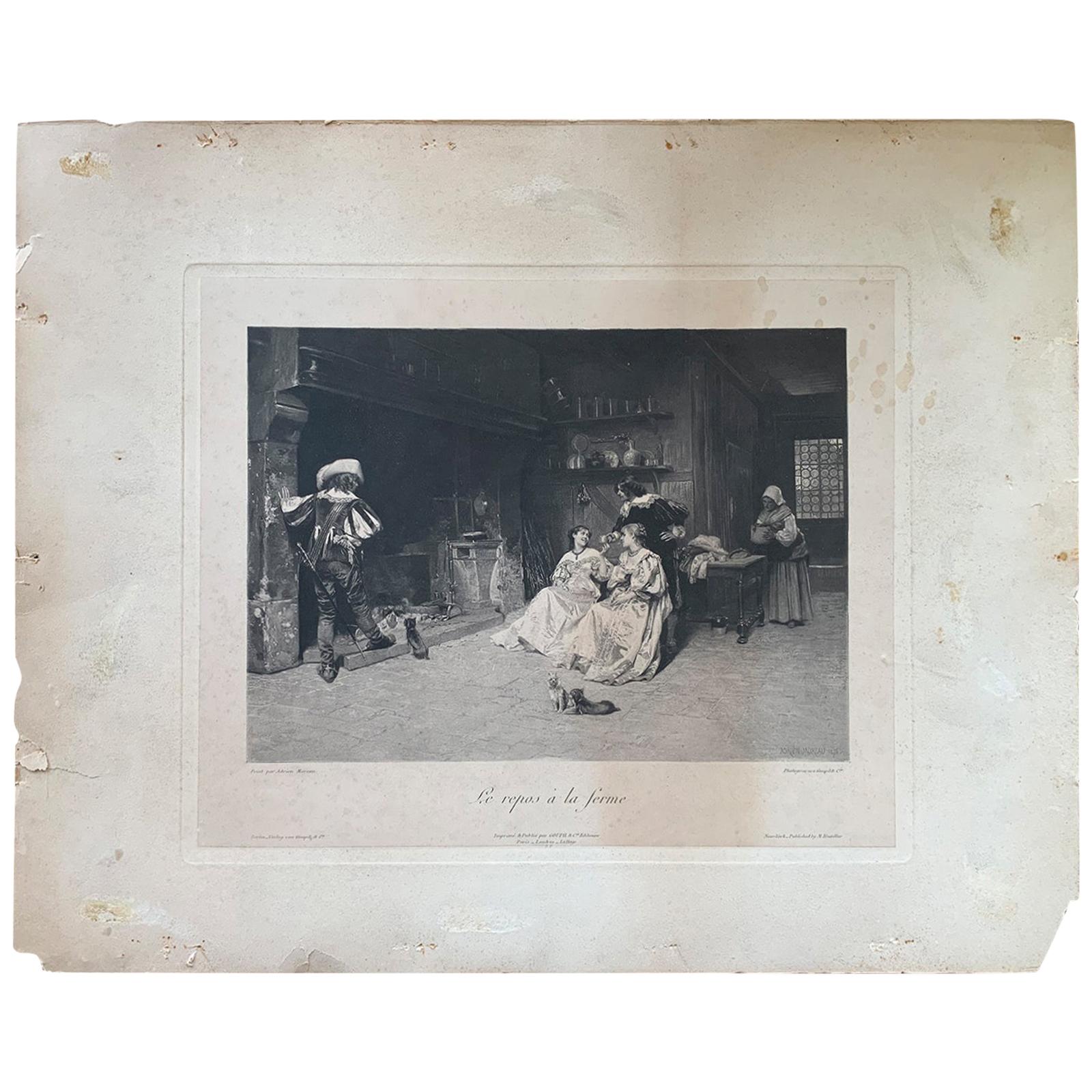 19th Century French Black & White Print after Original Painting by Adrien Moreau For Sale