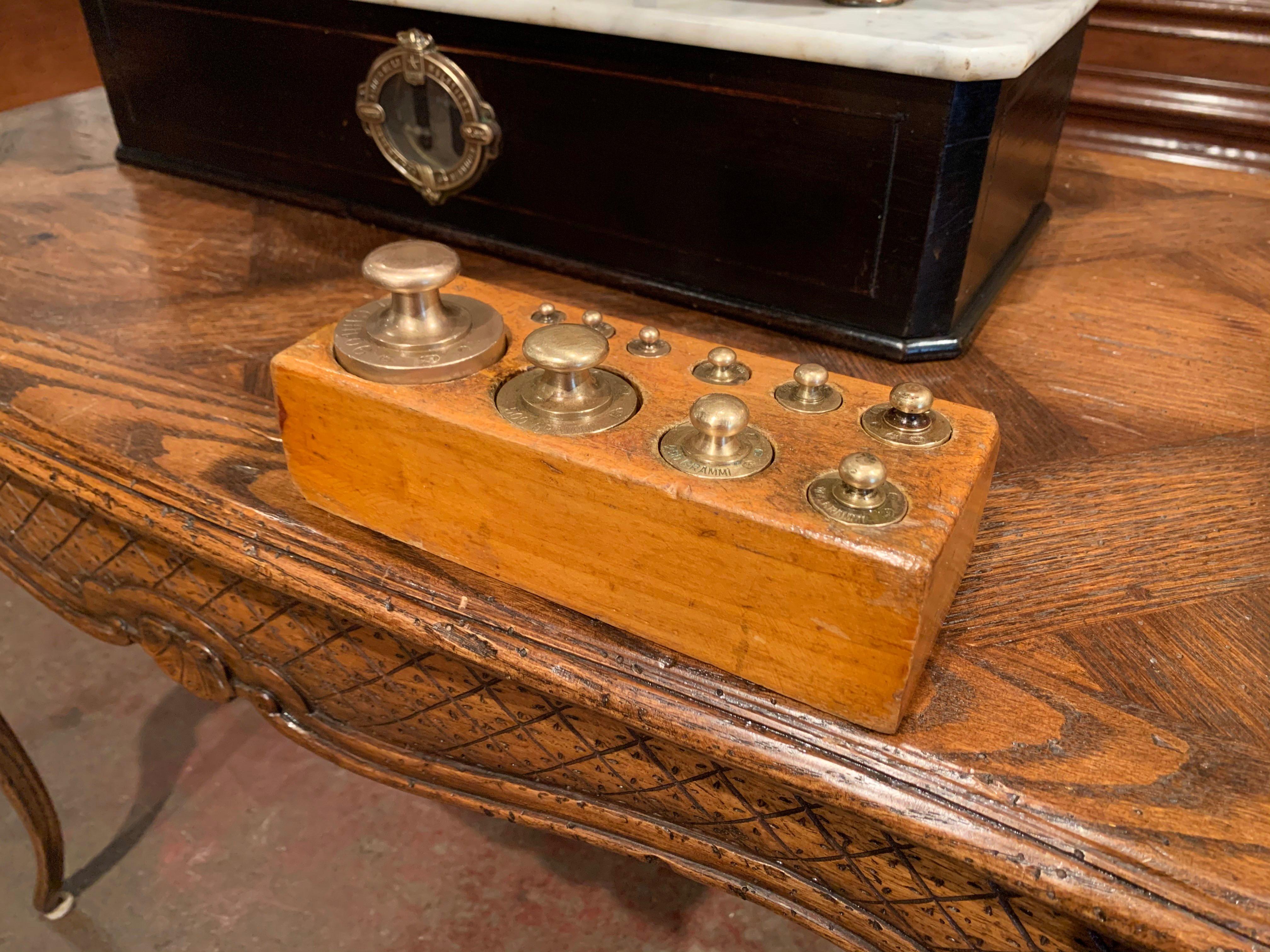 Brass 19th Century French Blackened and Marble Balance Scale and Set of Weights