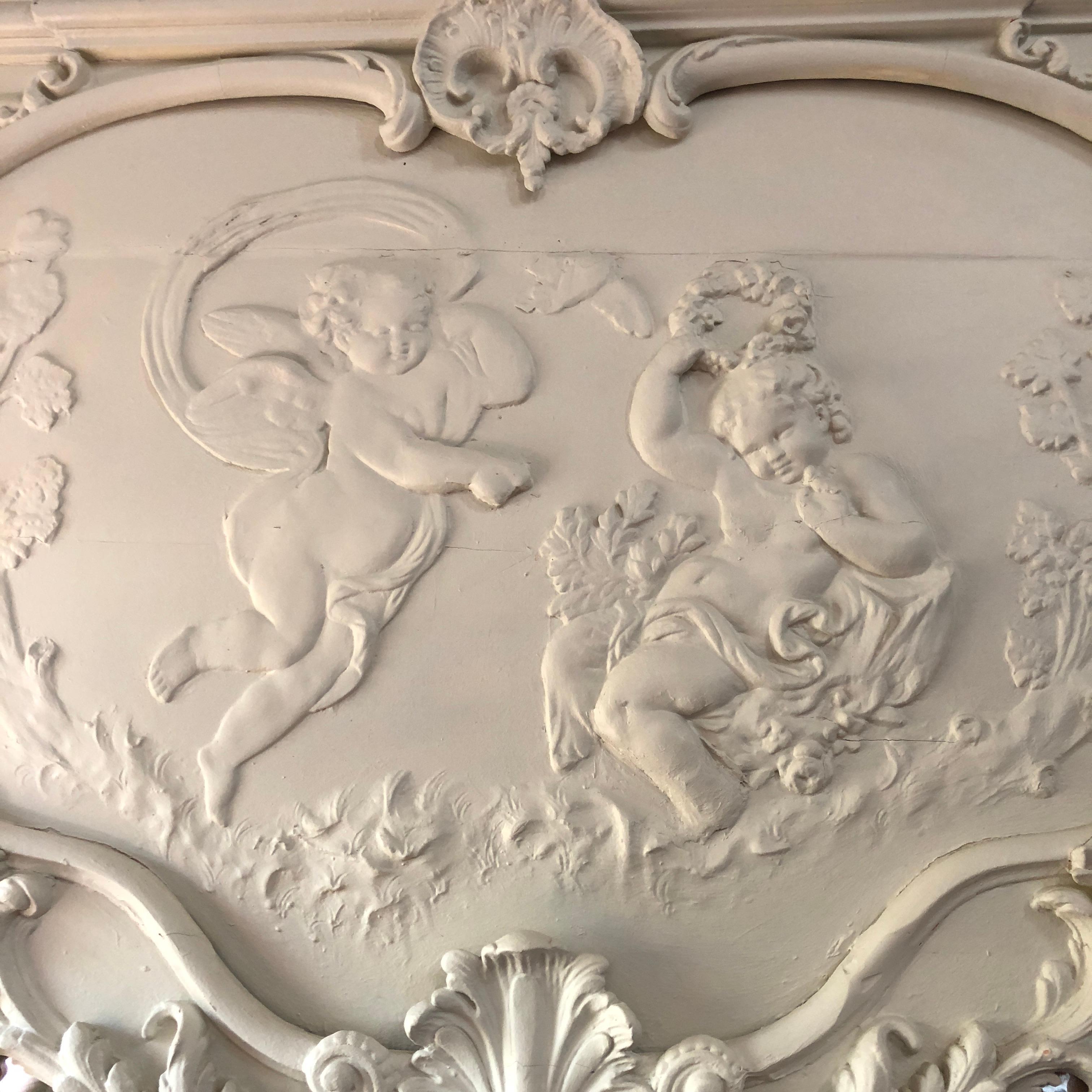 Hand-Carved 19th Century, French Blanc Putti / Ange Theatre over Mantle Mirror For Sale