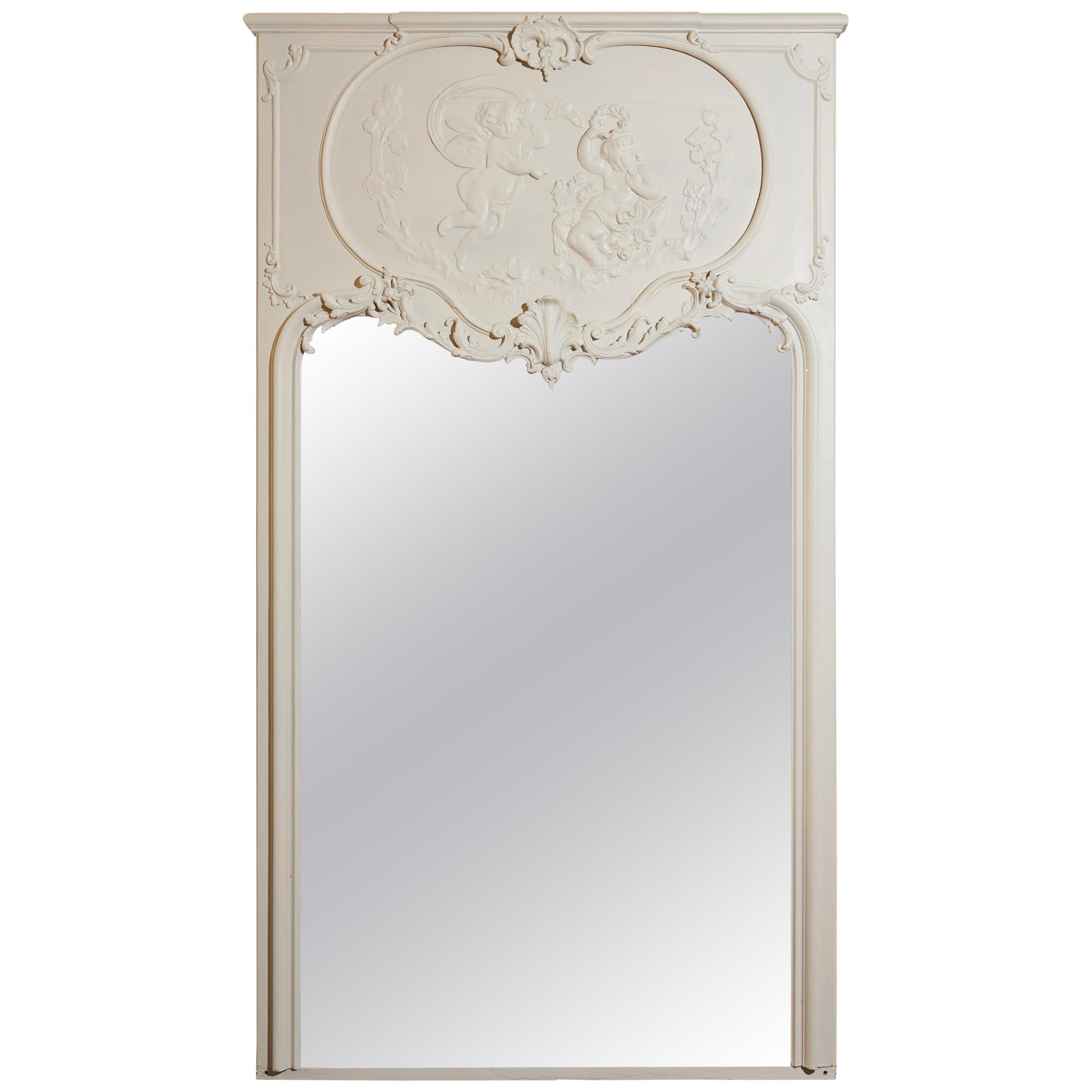 19th Century, French Blanc Putti / Ange Theatre over Mantle Mirror For Sale