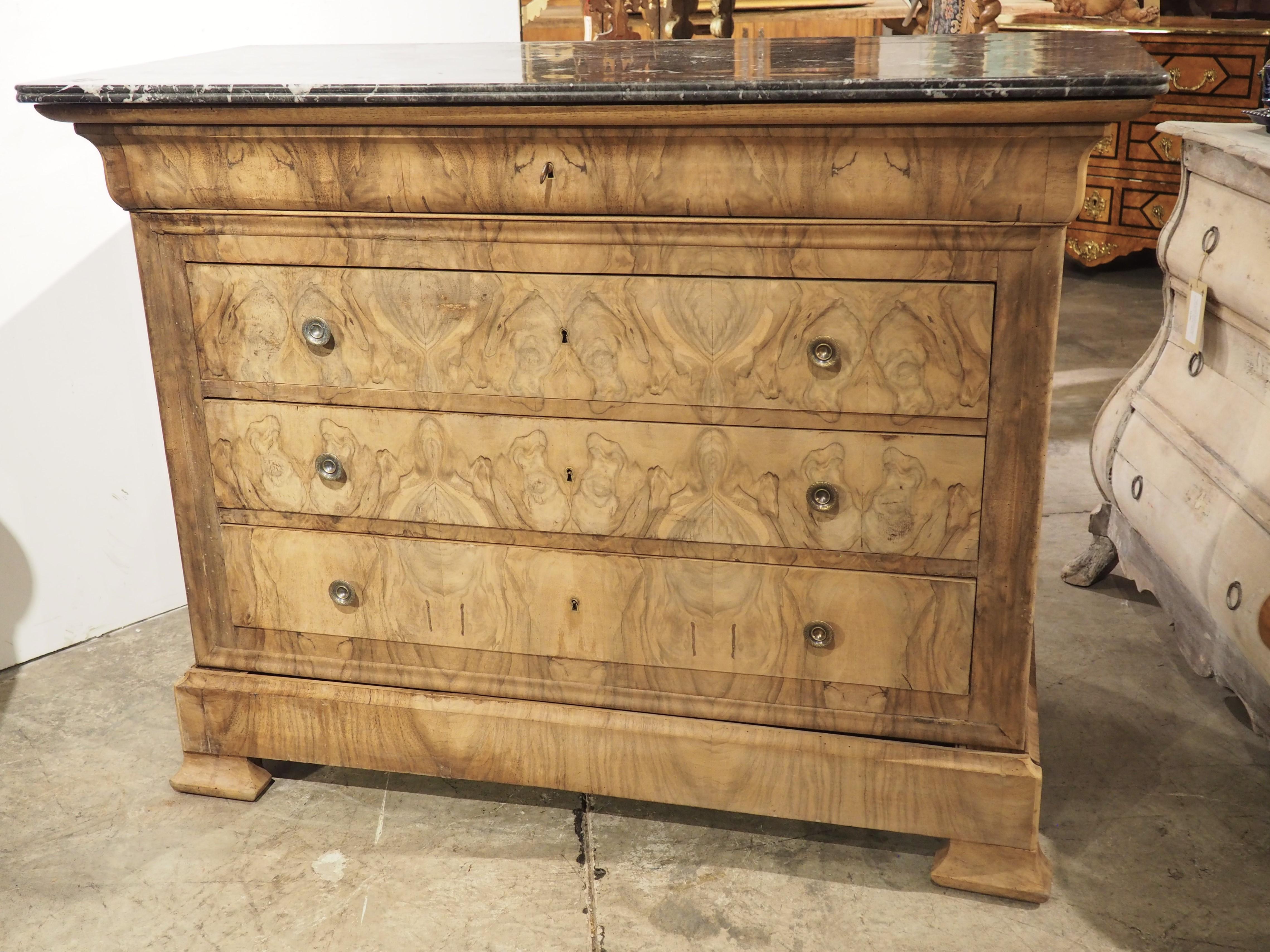 Hand-Carved 19th Century French Bleached Burl Walnut Louis Philippe Commode with Marble Top