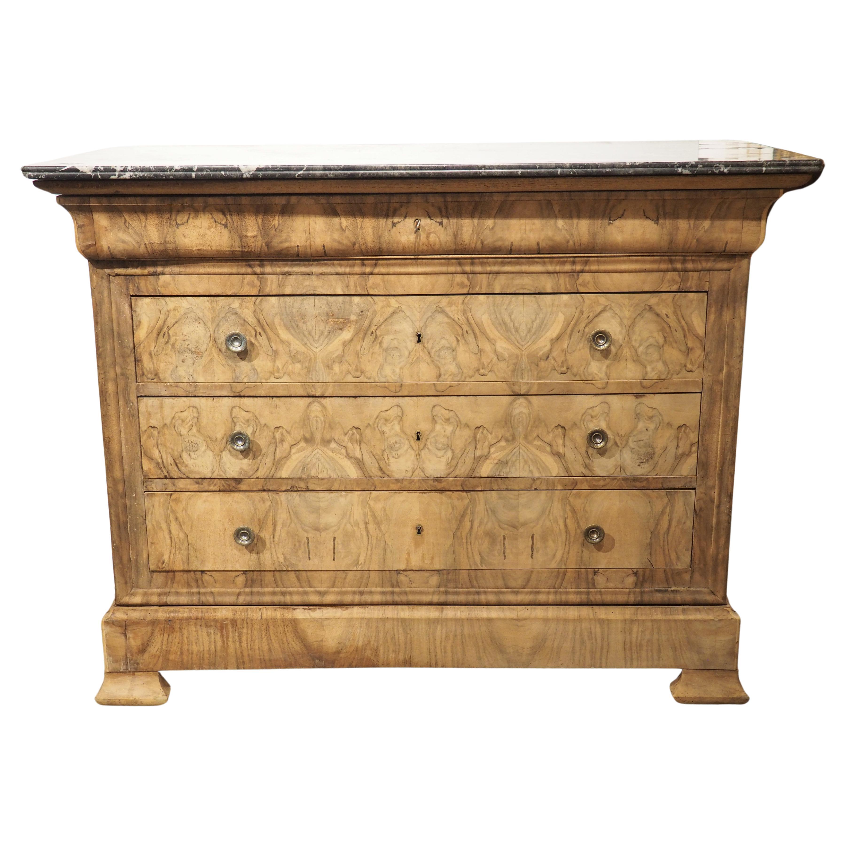 19th Century French Bleached Burl Walnut Louis Philippe Commode with Marble Top