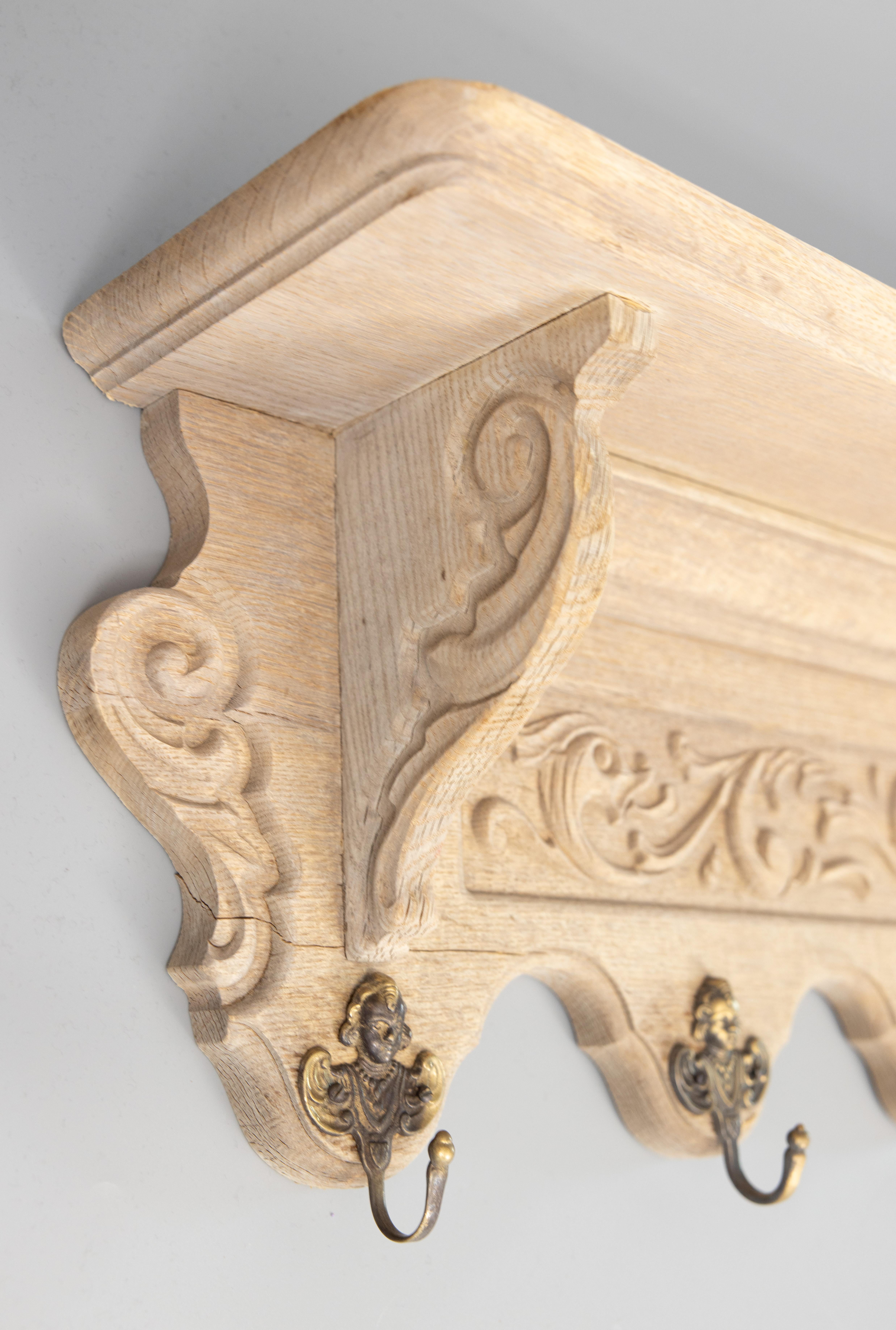 Hand-Carved 19th-Century French Bleached Oak Carved Coat Rack
