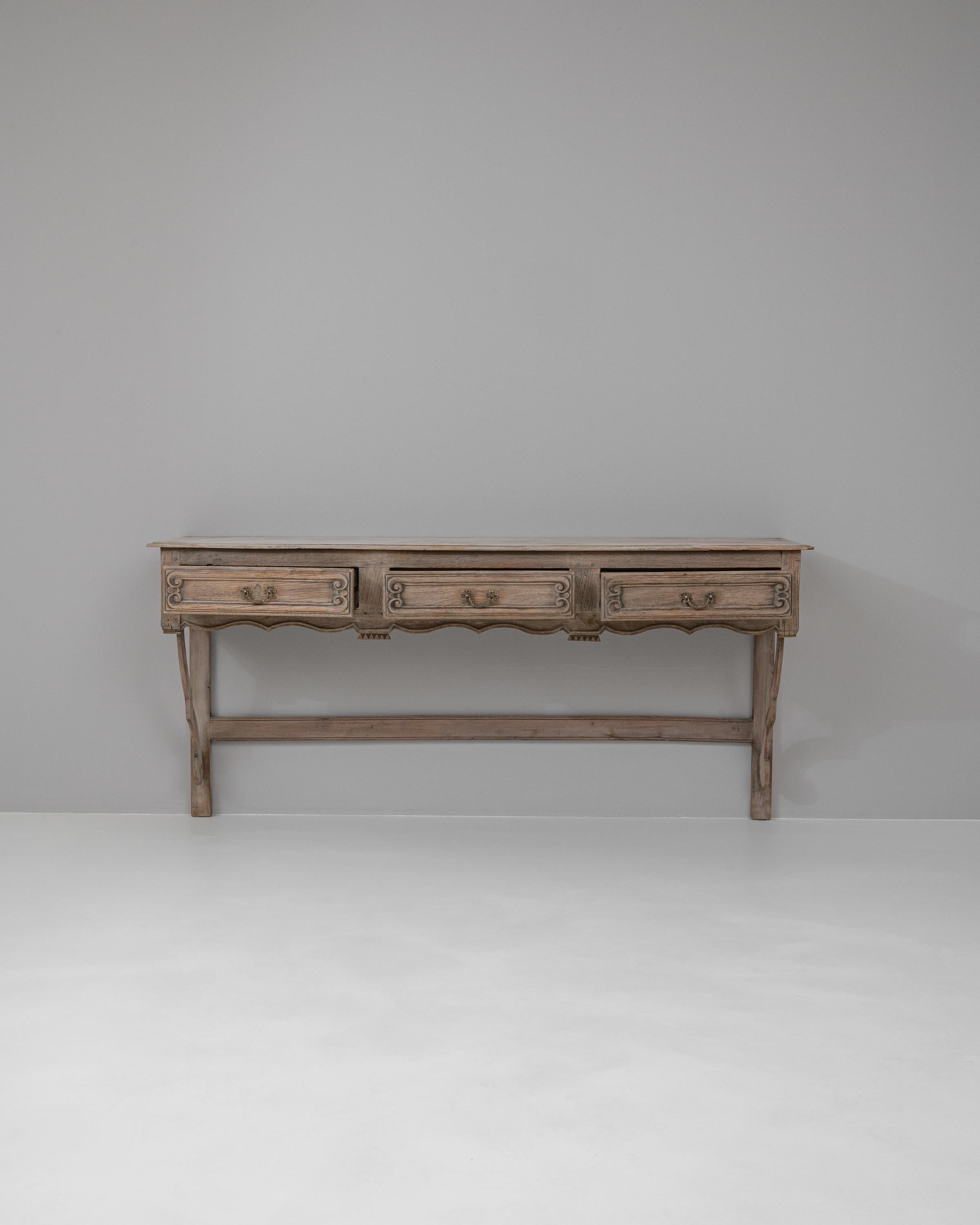 Hand-Carved 19th Century French Bleached Oak Console Table