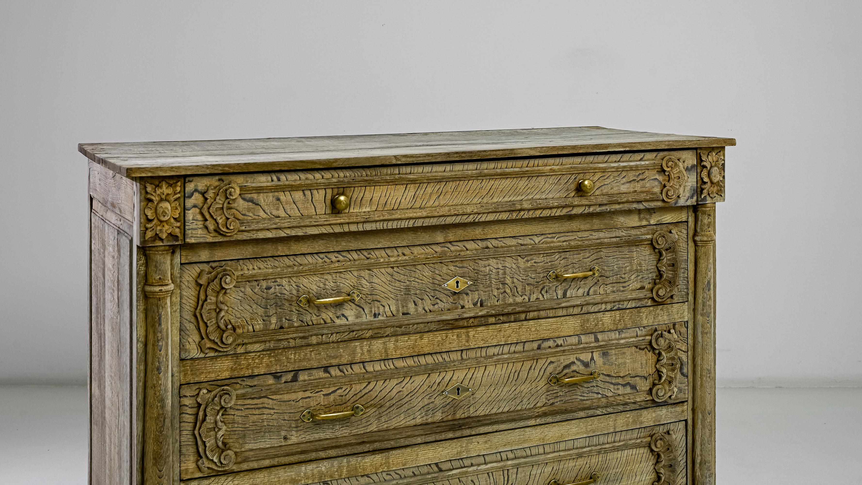 Brass 19th Century, French, Bleached Oak Drawer Chest