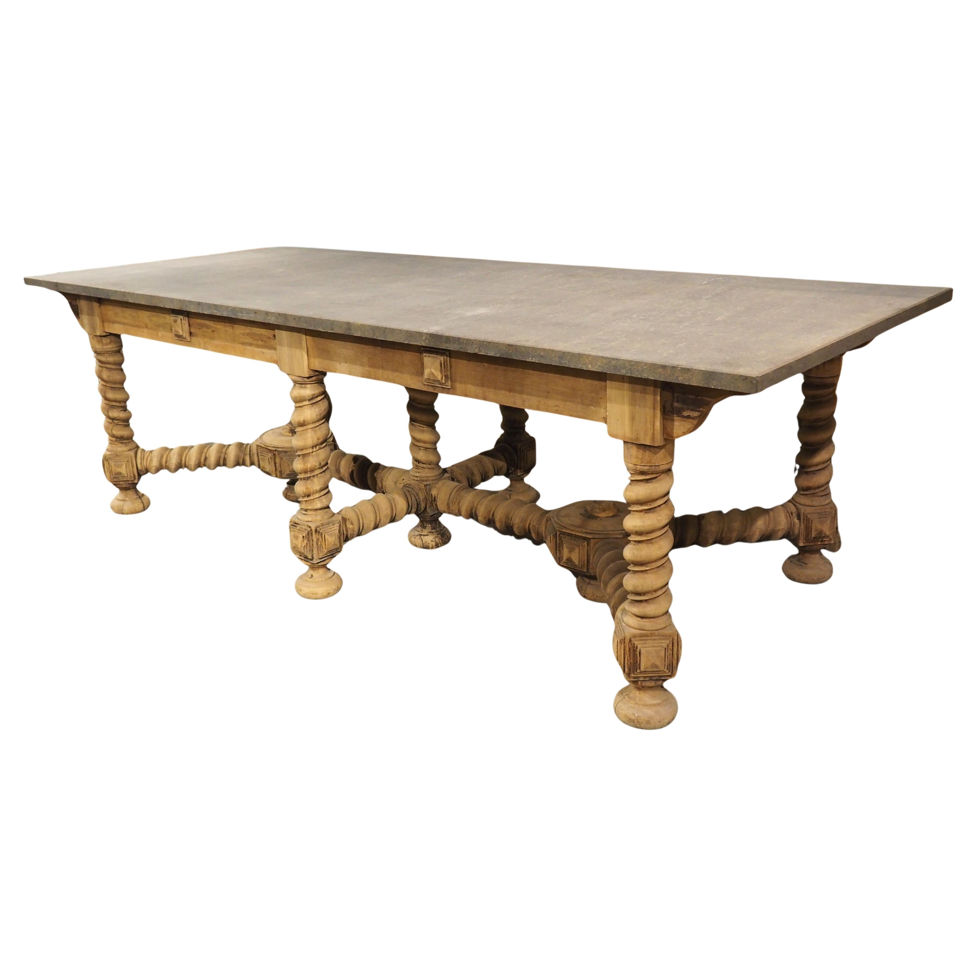 19th Century French Bleached Oak Table with Turned Legs and Bluestone Top
