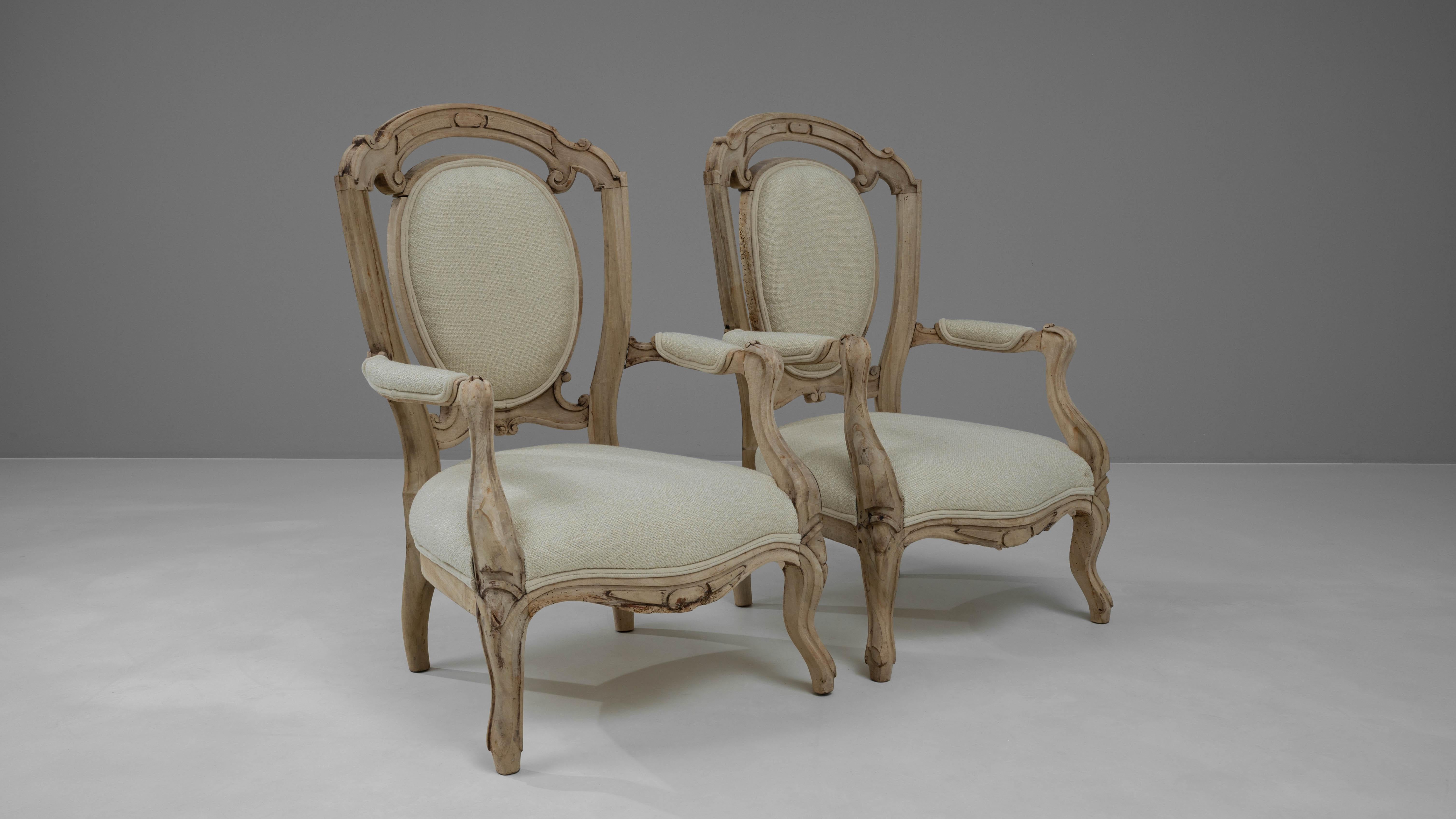 19th Century French Bleached Oak Upholstered Armchairs, a Pair For Sale 6