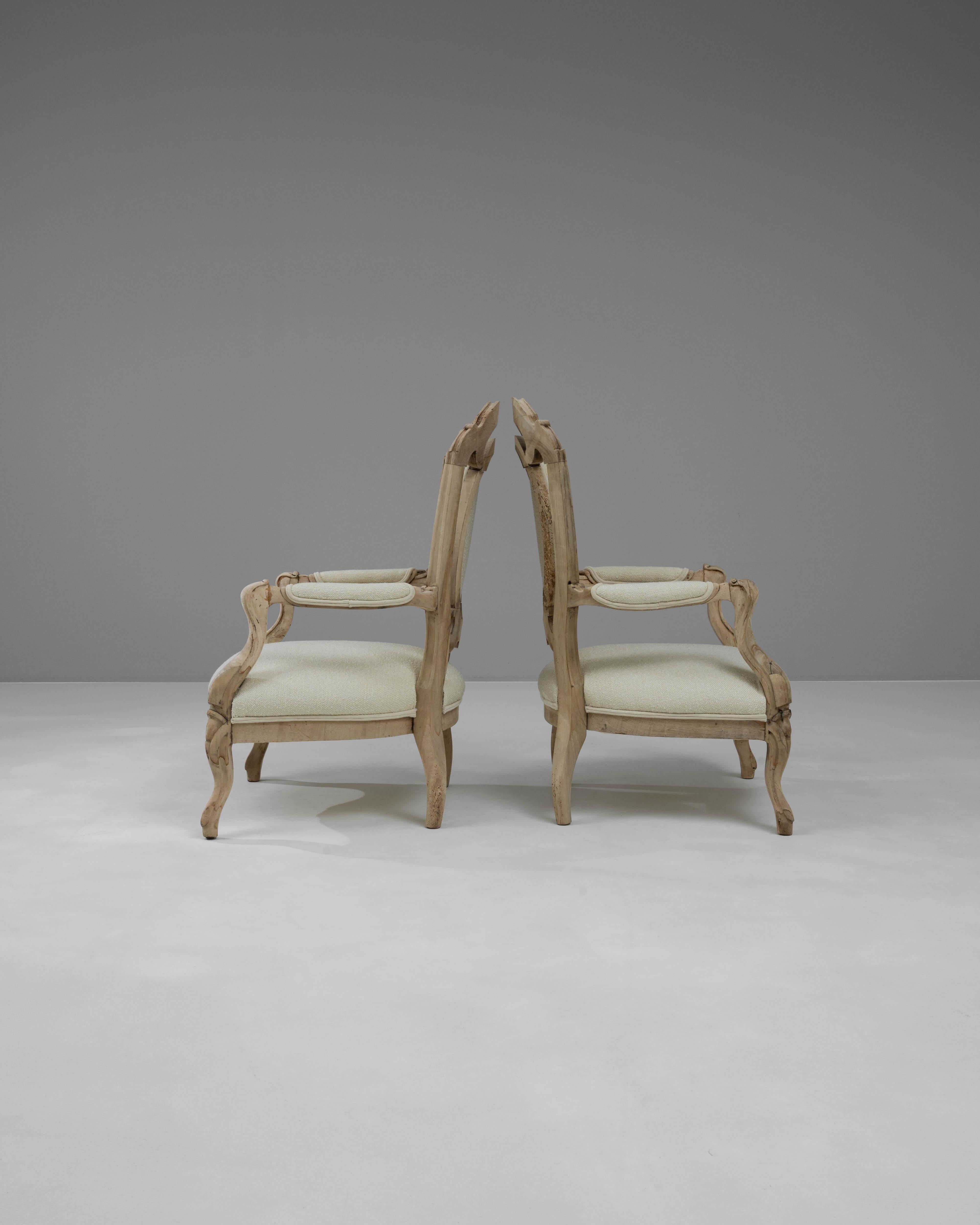 19th Century French Bleached Oak Upholstered Armchairs, a Pair For Sale 1