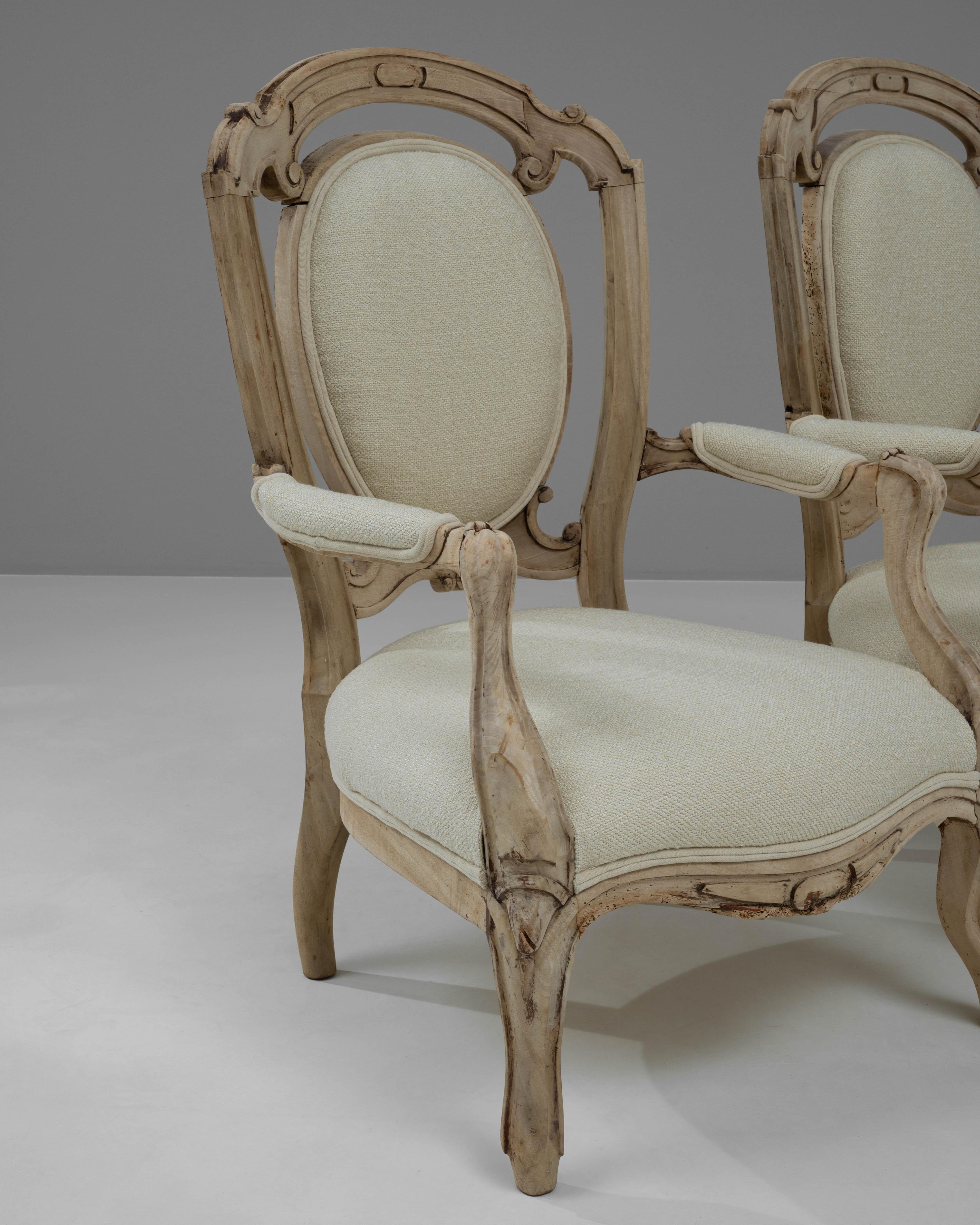 19th Century French Bleached Oak Upholstered Armchairs, a Pair For Sale 5